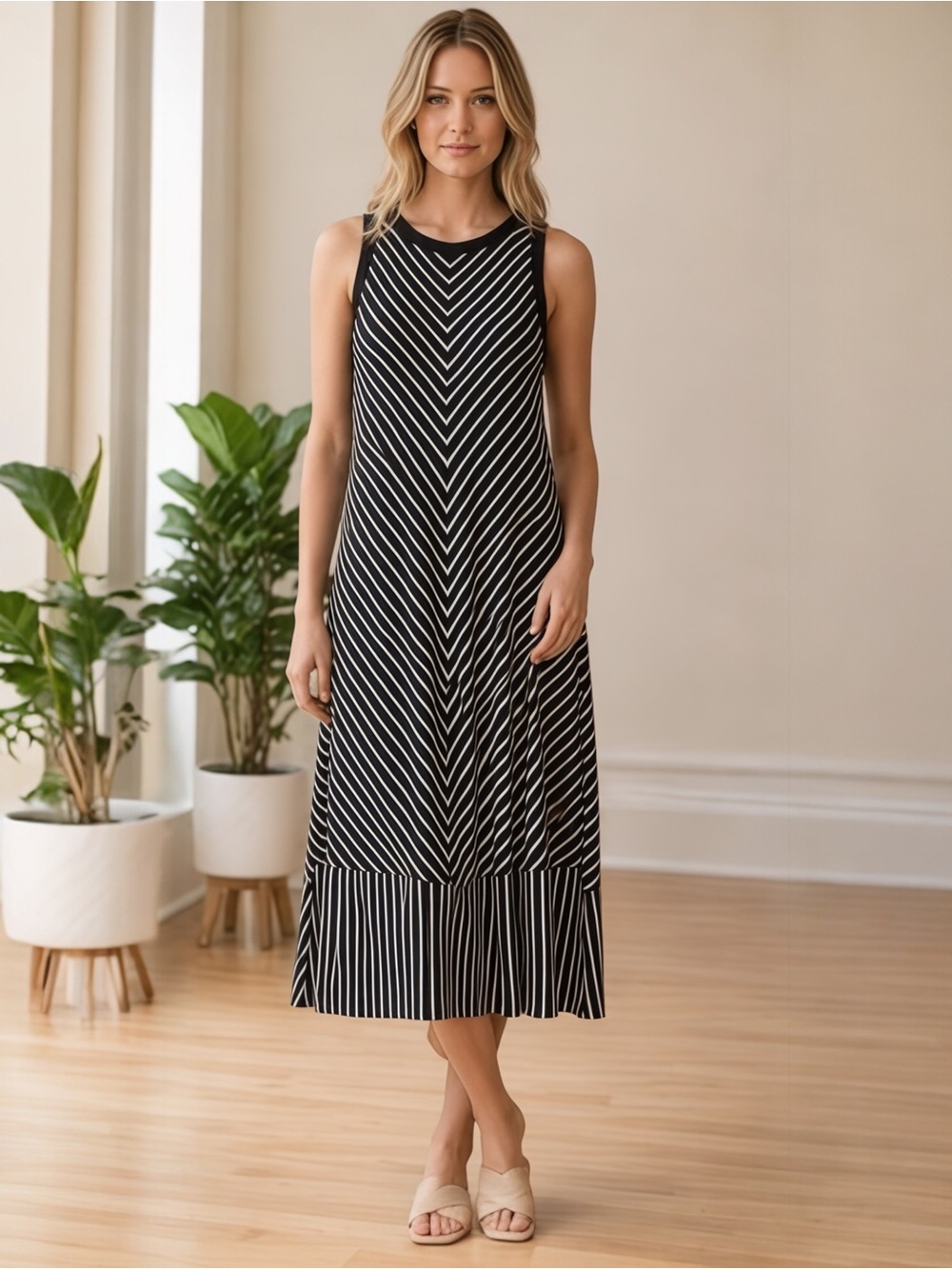 CAbi 5944 Black White Chevron Stripe Midi Dress Sleeveless Size Medium